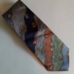 3/$45 Tie ALBEARI HIGH FASHION Abstract Stripes Swirls Navy Brown Green Tan